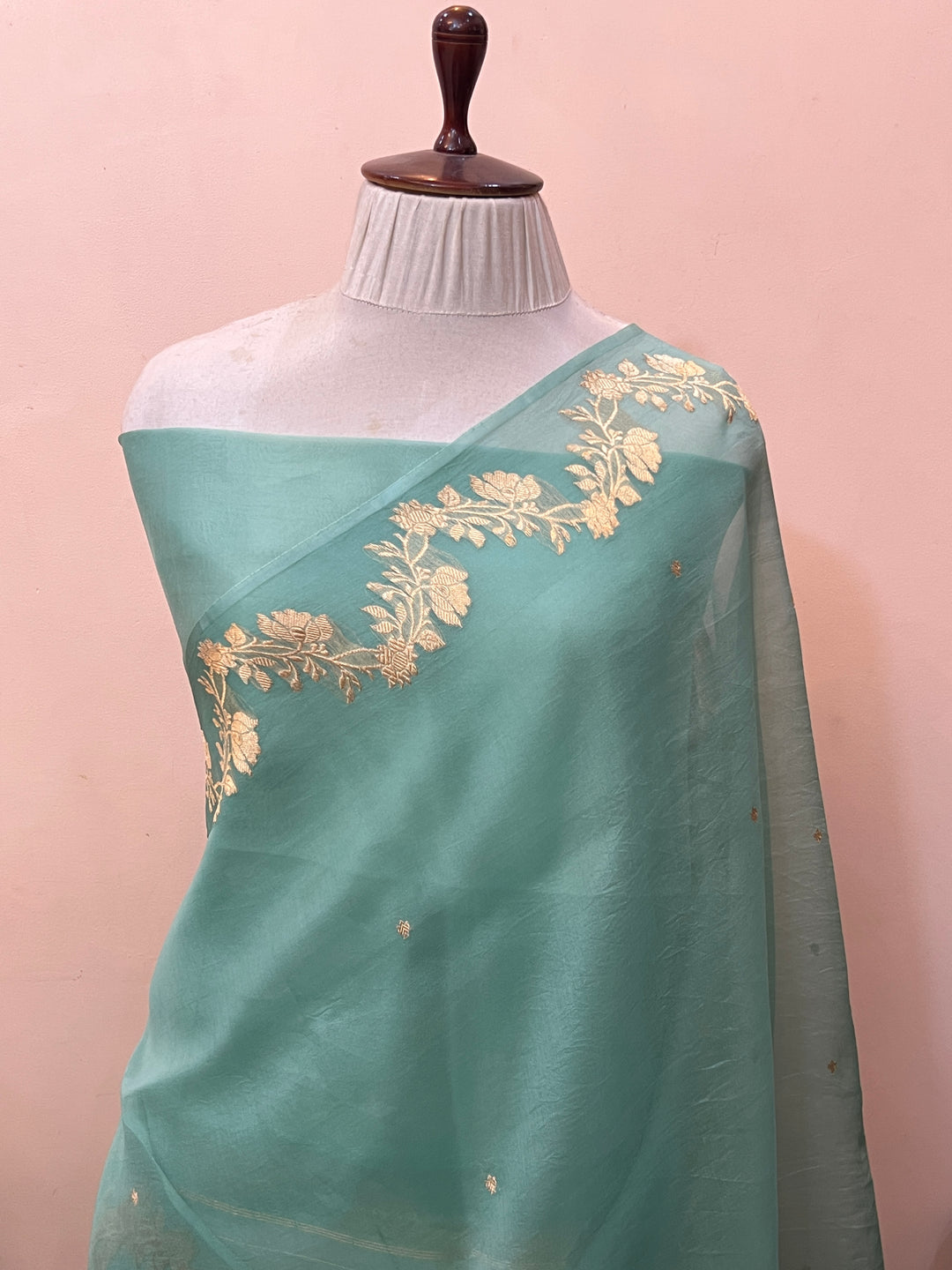 Sage Blue Pure Kora Silk Handloom Banarasi Saree