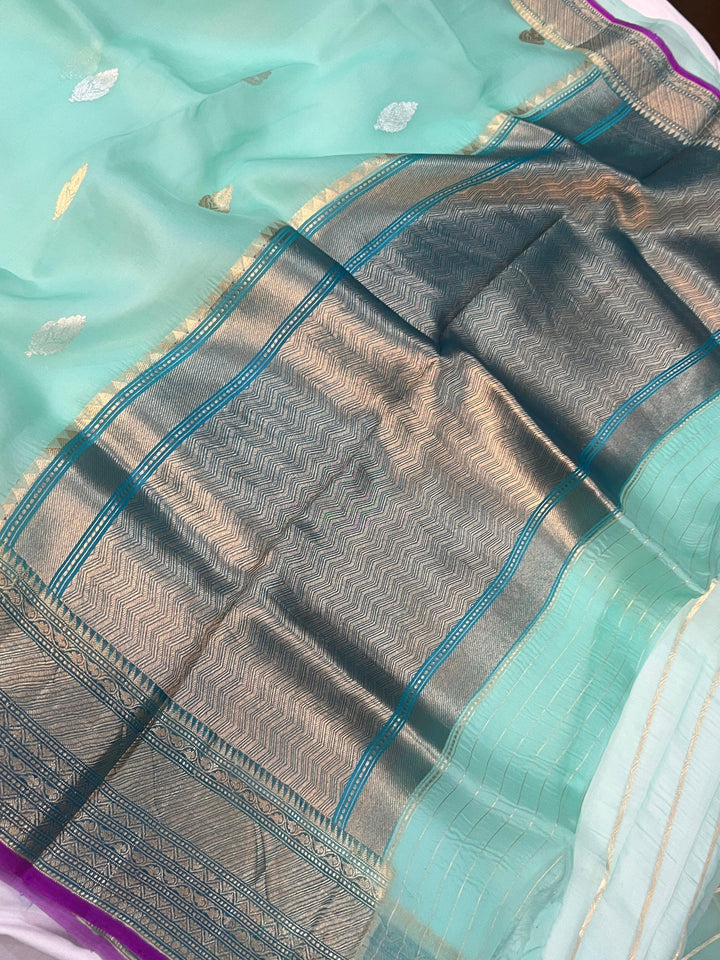 Aqua Blue Banarasi Handloom Kora Silk Saree - Aura Benaras
