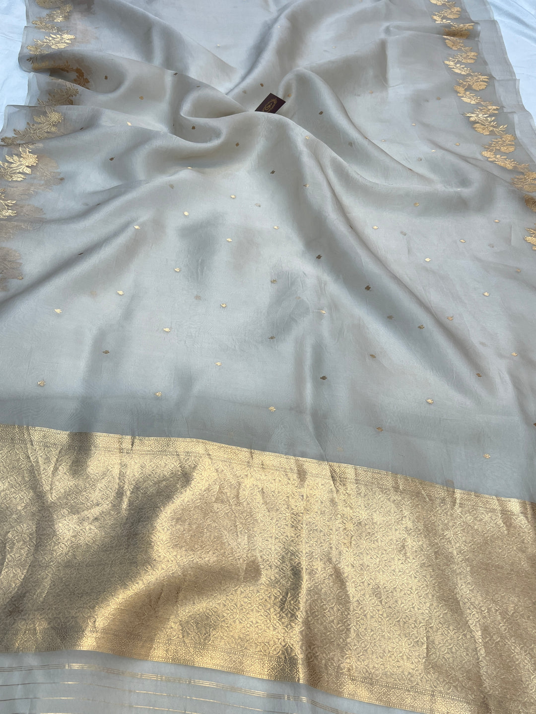 Grey Pure Kora Silk Handloom Banarasi Saree