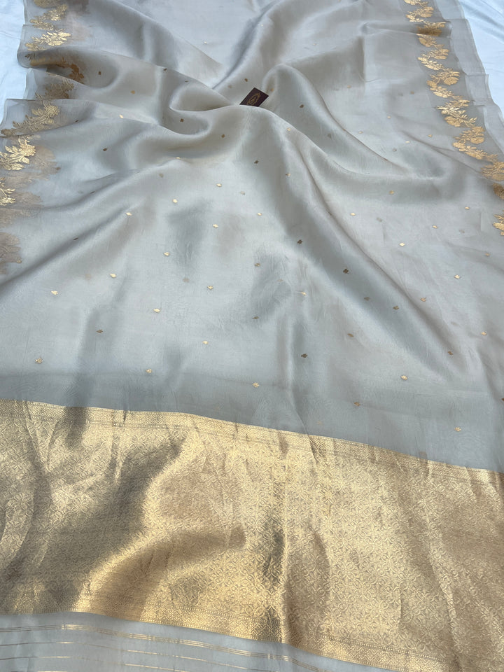 Grey Pure Kora Silk Handloom Banarasi Saree