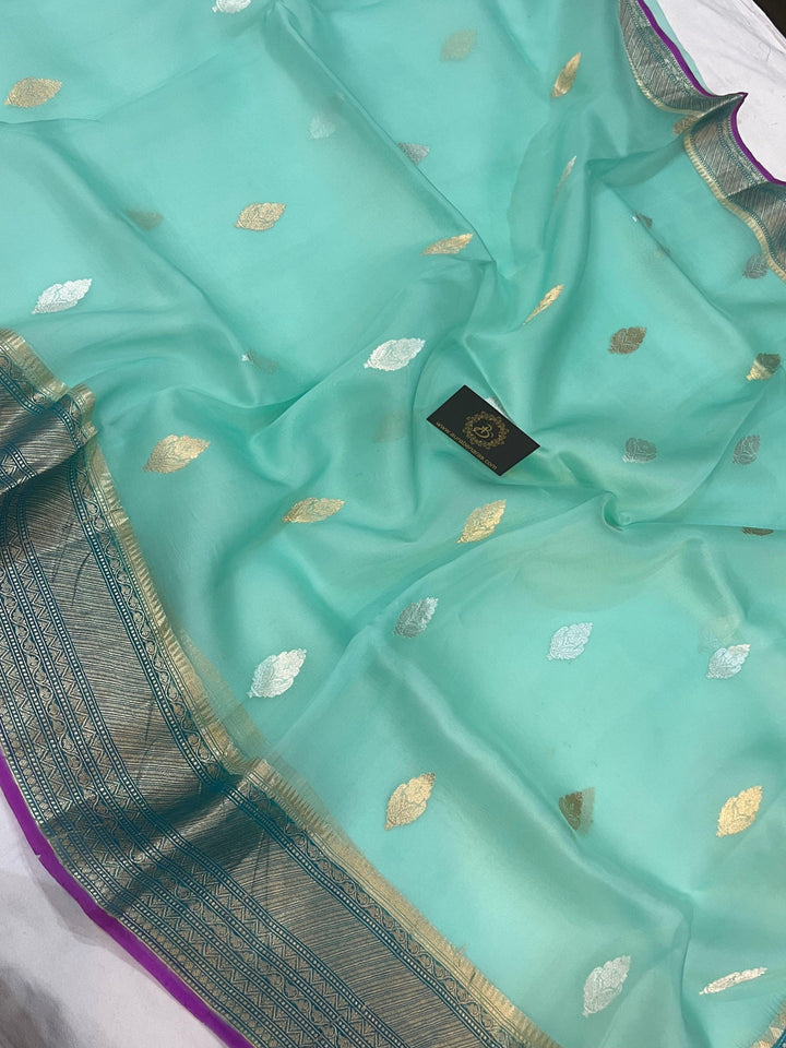Aqua Blue Banarasi Handloom Kora Silk Saree - Aura Benaras