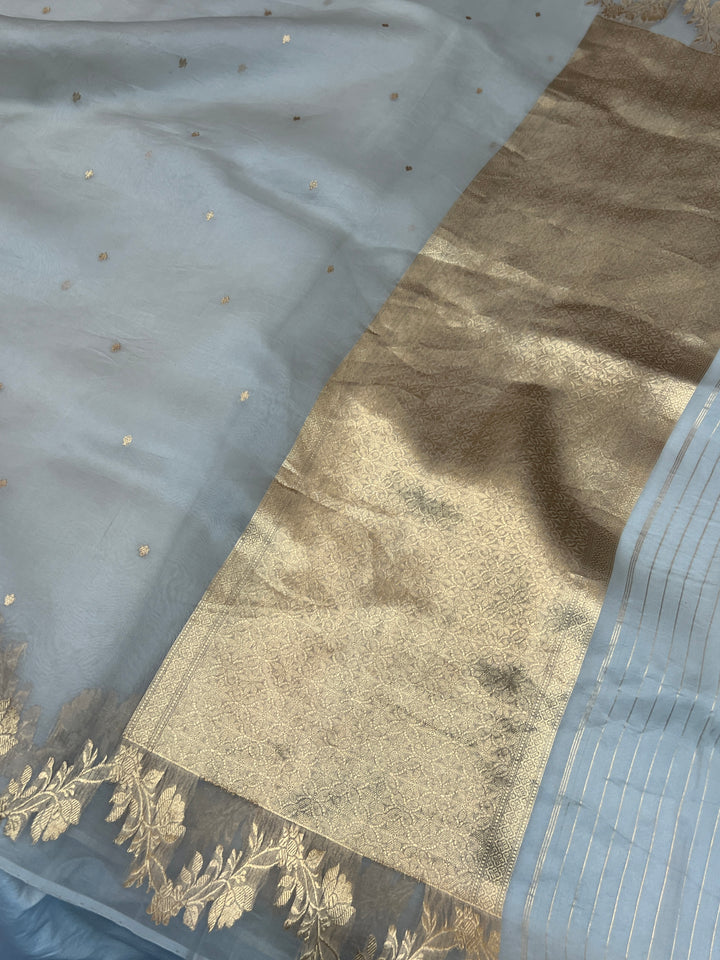 Grey Pure Kora Silk Handloom Banarasi Saree