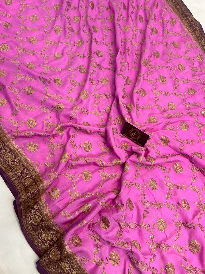 Pink Pure Crepe Silk Handloom Banarasi Saree with Floral Jaal