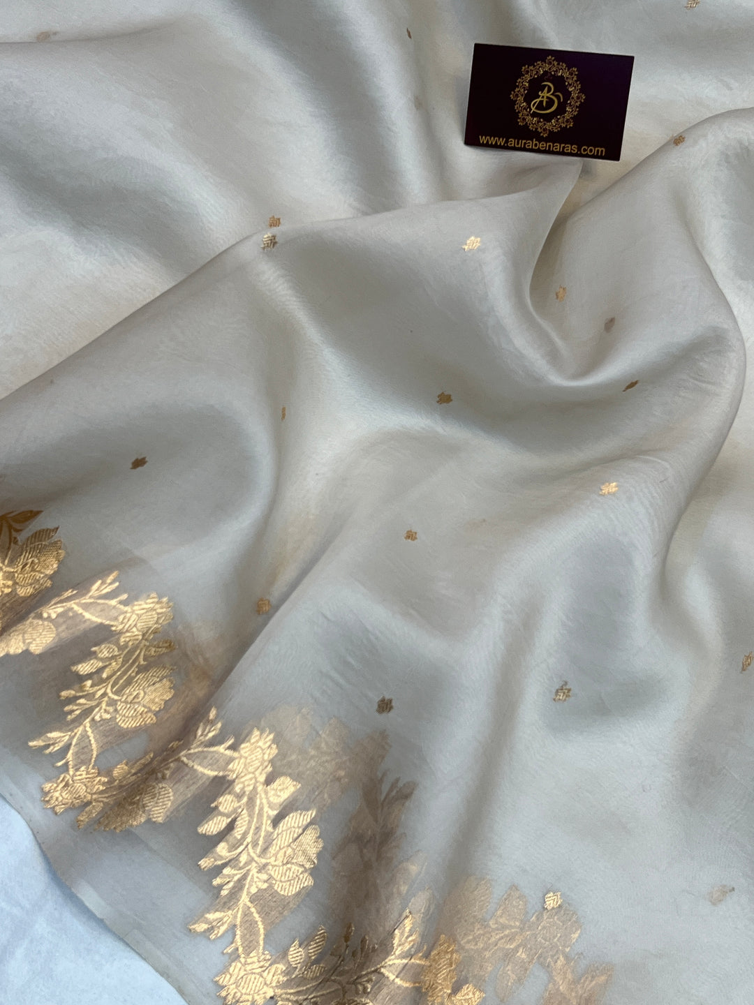 Grey Pure Kora Silk Handloom Banarasi Saree