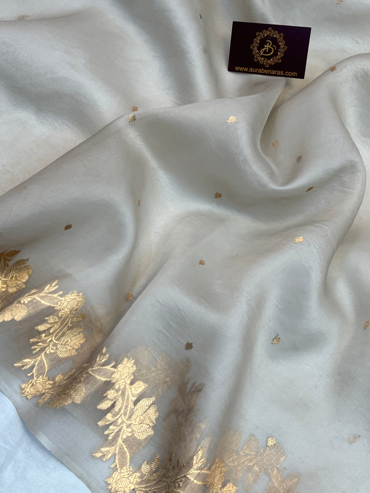 Grey Pure Kora Silk Handloom Banarasi Saree