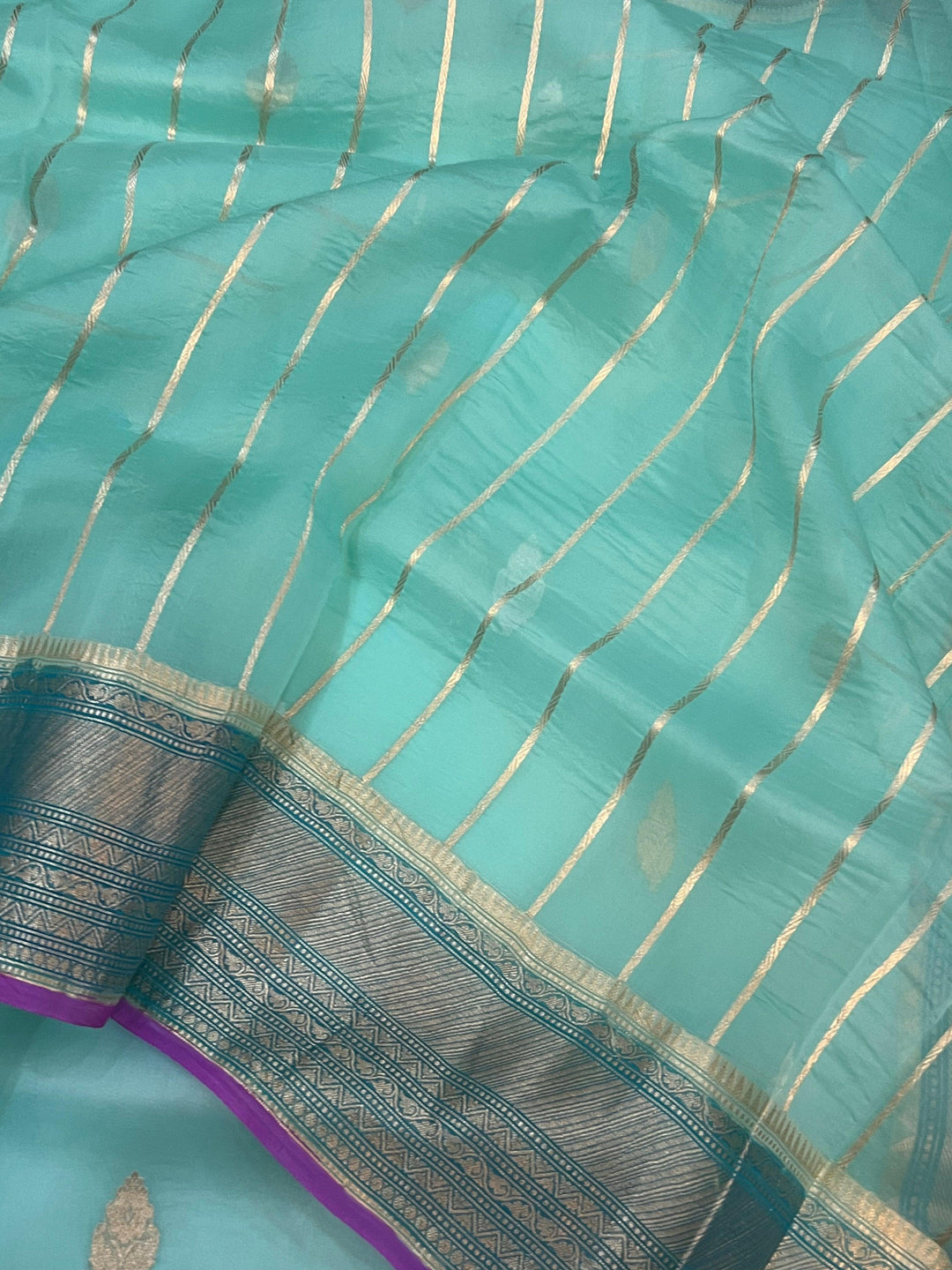 Aqua Blue Banarasi Handloom Kora Silk Saree - Aura Benaras