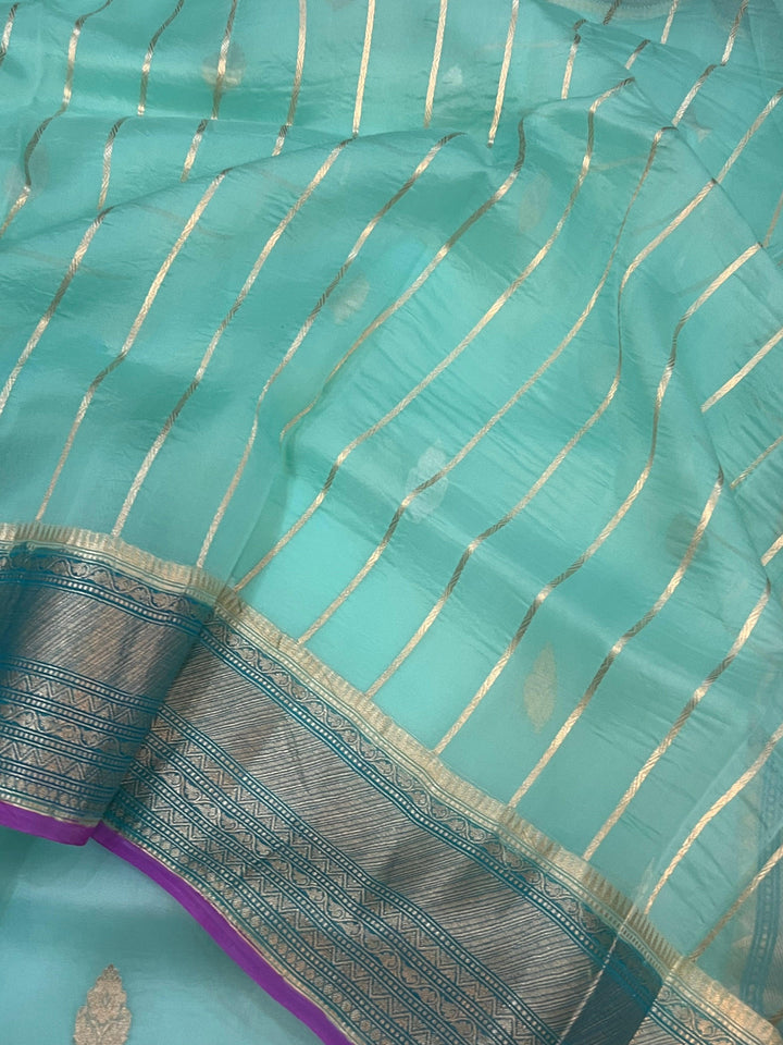 Aqua Blue Banarasi Handloom Kora Silk Saree - Aura Benaras