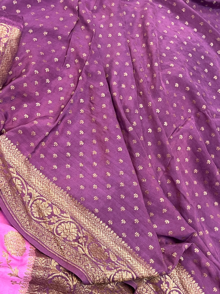 Pink Pure Crepe Silk Handloom Banarasi Saree with Floral Jaal