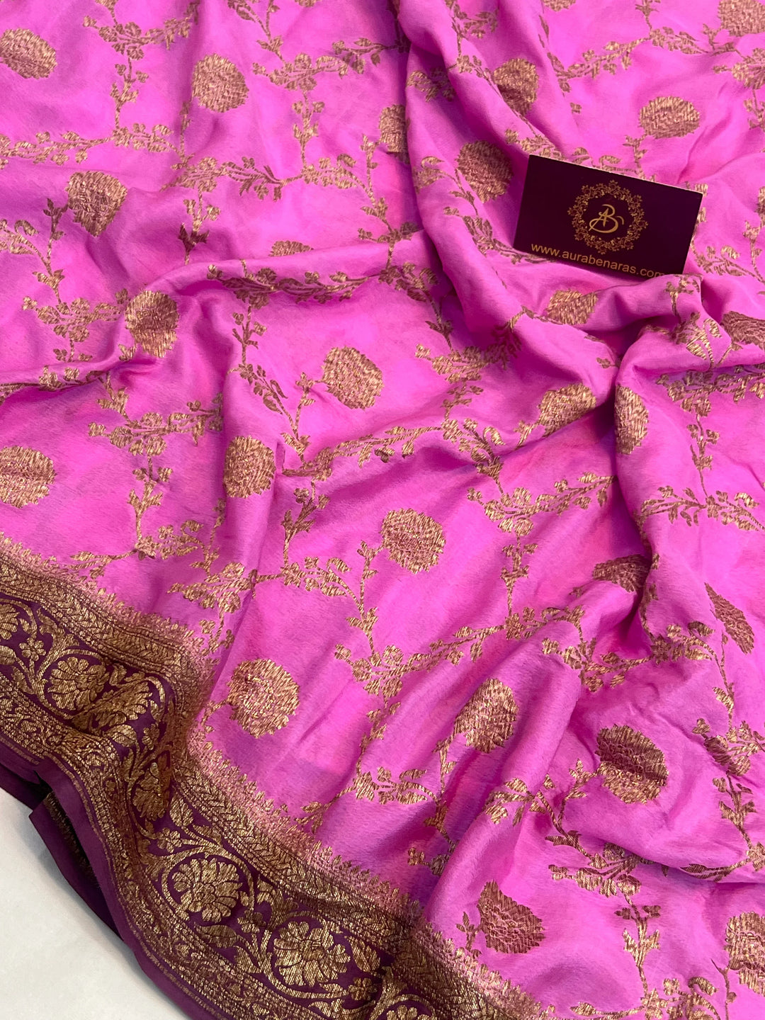Pink Pure Crepe Silk Handloom Banarasi Saree with Floral Jaal