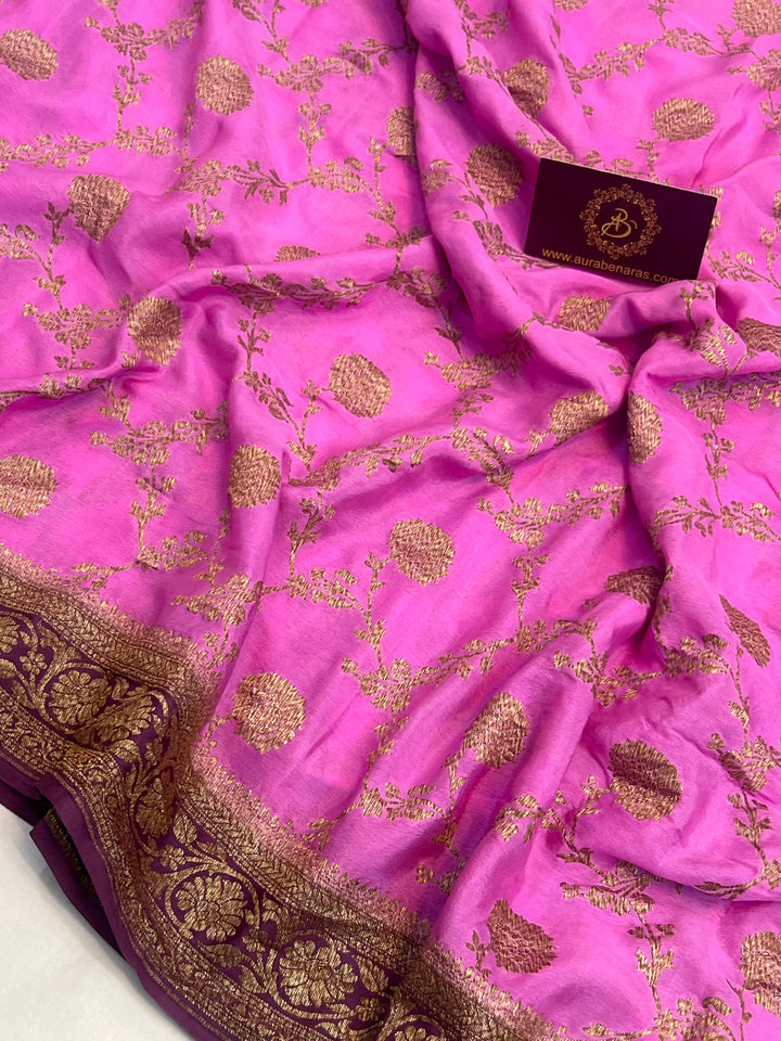 Pink Pure Crepe Silk Handloom Banarasi Saree with Floral Jaal