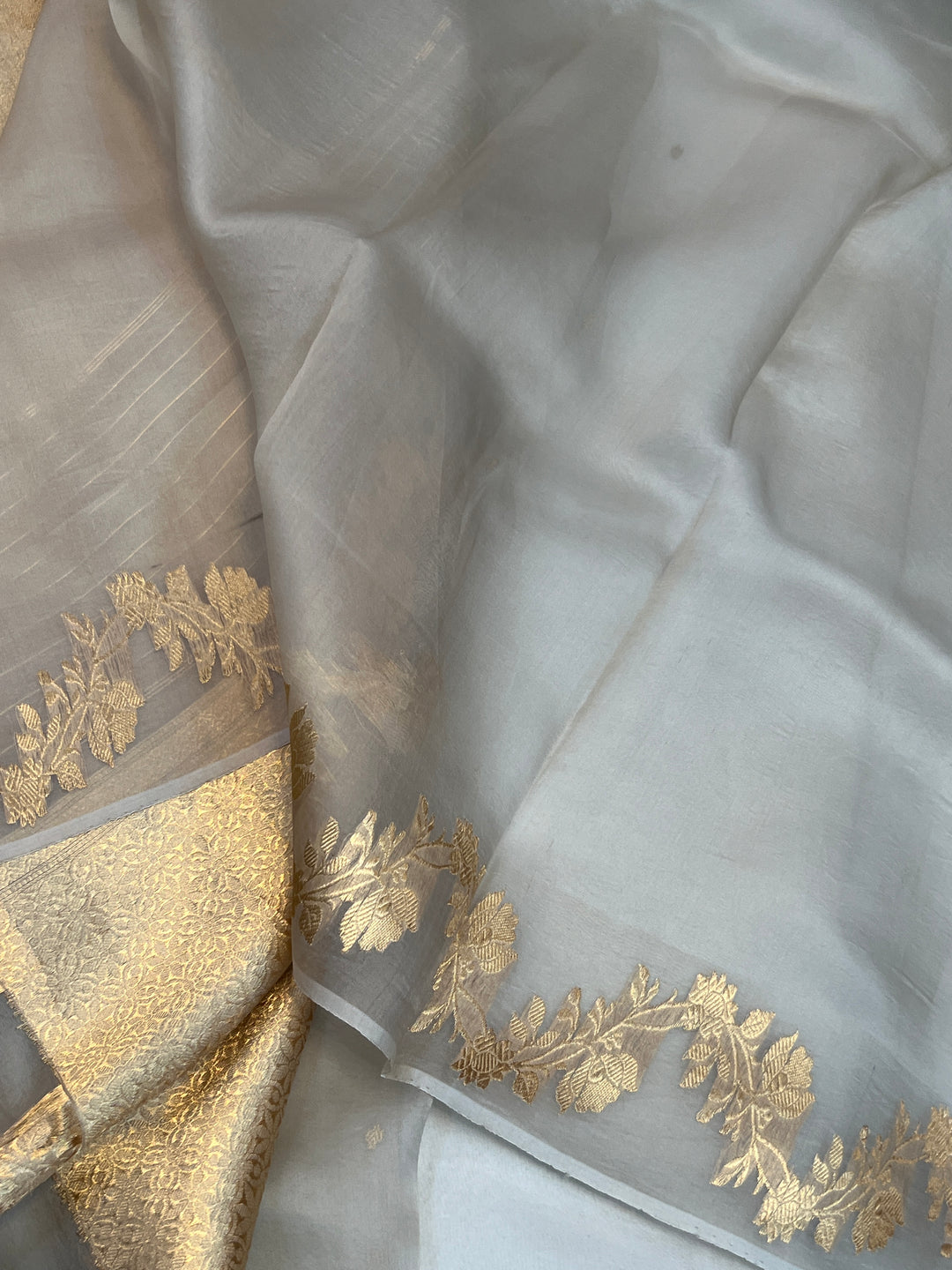 Grey Pure Kora Silk Handloom Banarasi Saree