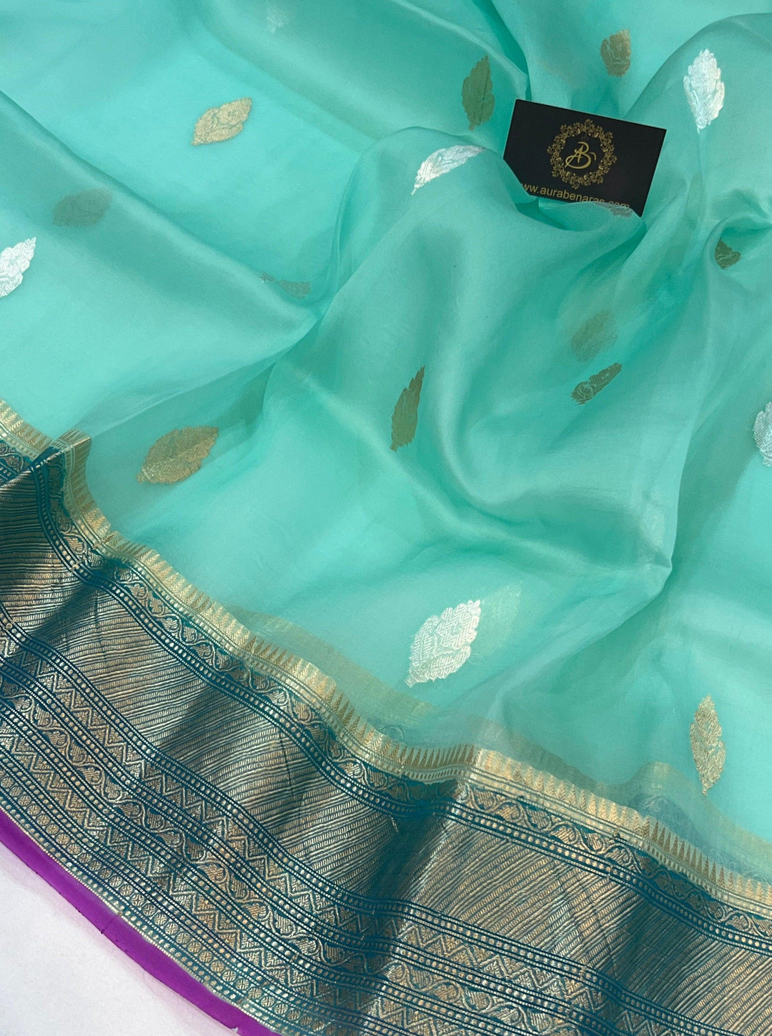 Aqua Blue Banarasi Handloom Kora Silk Saree - Aura Benaras