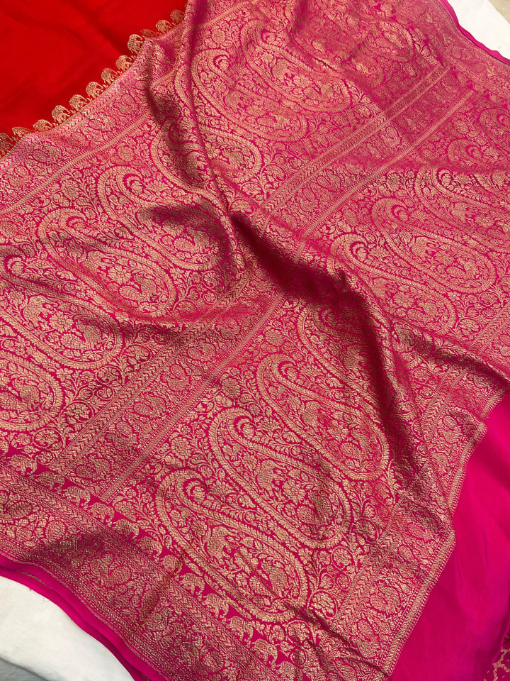 Red Pure Crepe Silk Handloom Banarasi Saree with Elephant Motifs