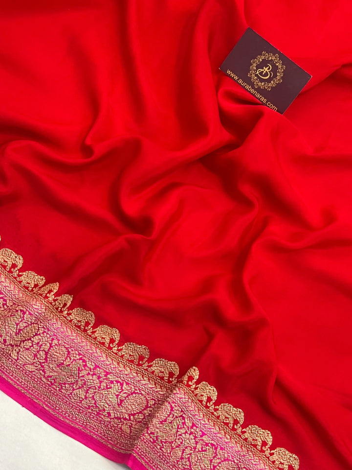 Red Pure Crepe Silk Handloom Banarasi Saree with Elephant Motifs