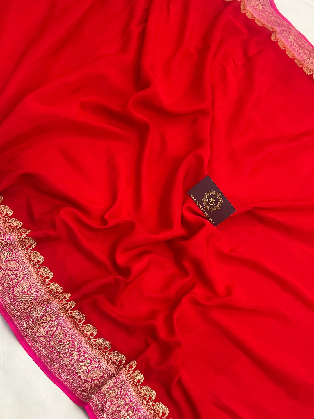 Red Pure Crepe Silk Handloom Banarasi Saree with Elephant Motifs