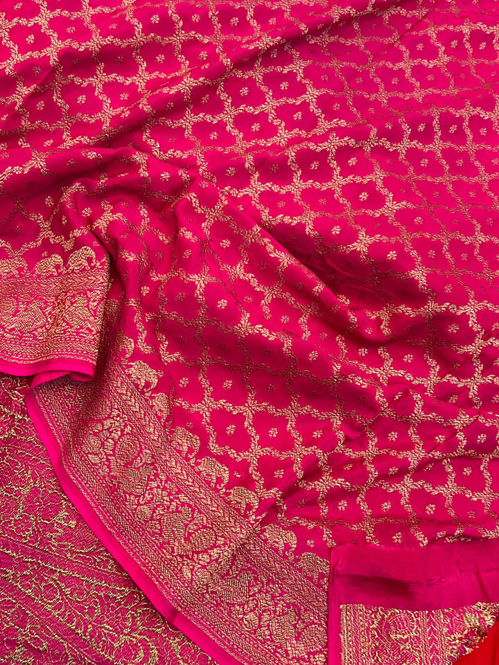 Red Pure Crepe Silk Handloom Banarasi Saree with Elephant Motifs