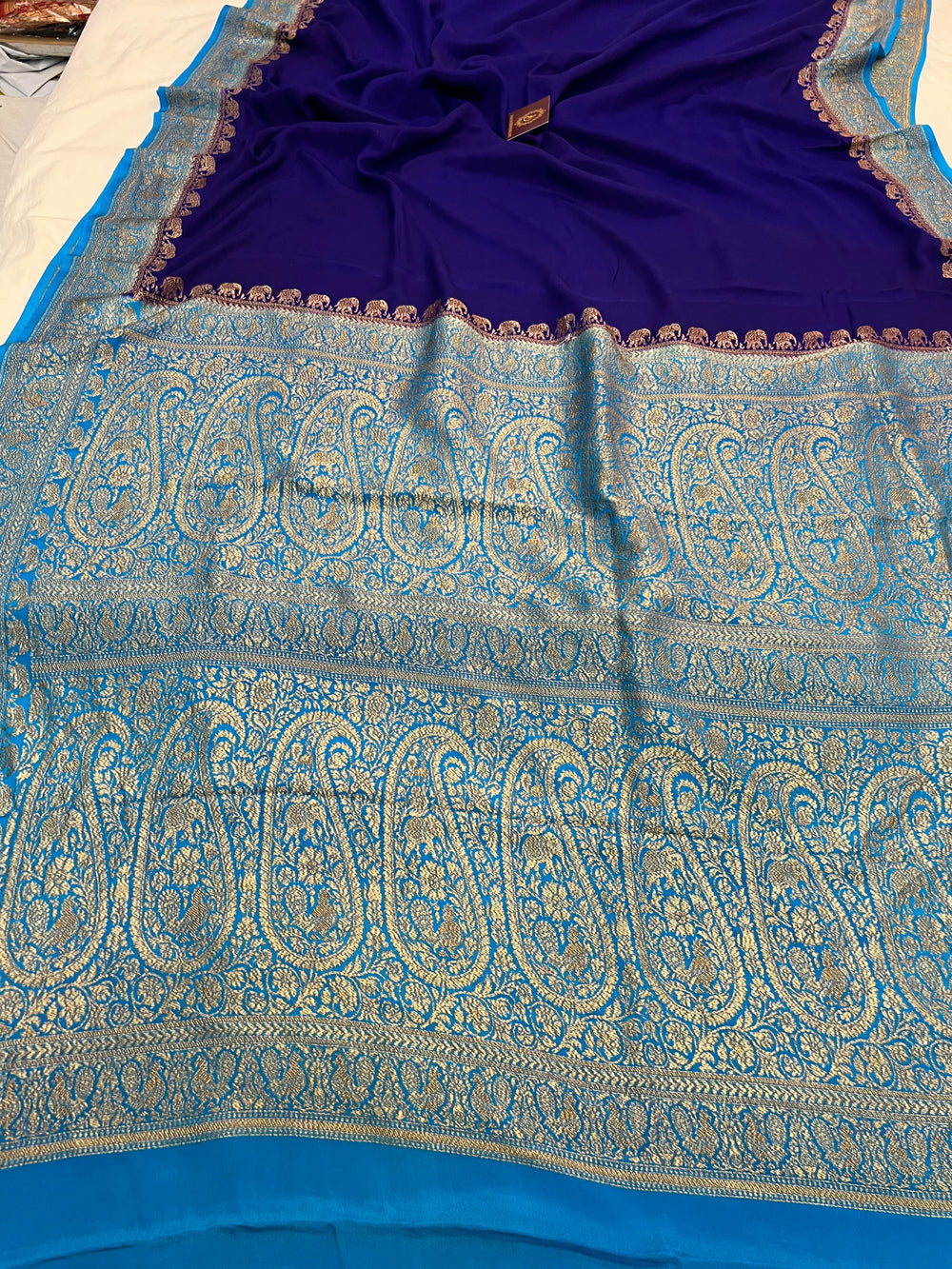 Deep Blue Pure Crepe Silk Handloom Banarasi Saree with Elephant Motifs