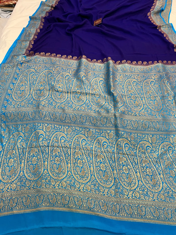 Deep Blue Pure Crepe Silk Handloom Banarasi Saree with Elephant Motifs