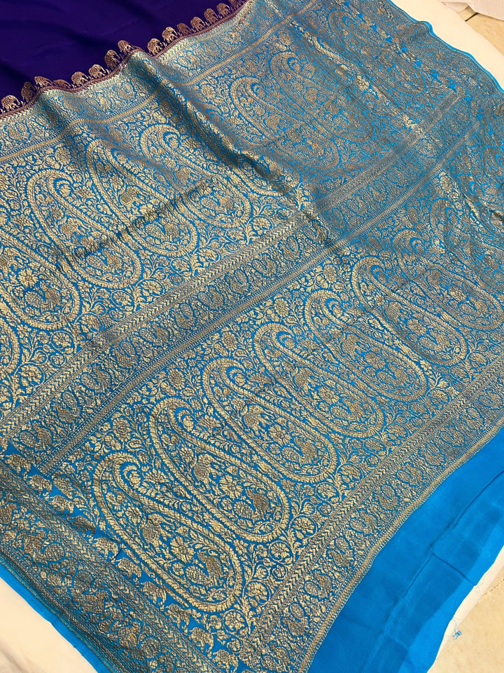 Deep Blue Pure Crepe Silk Handloom Banarasi Saree with Elephant Motifs