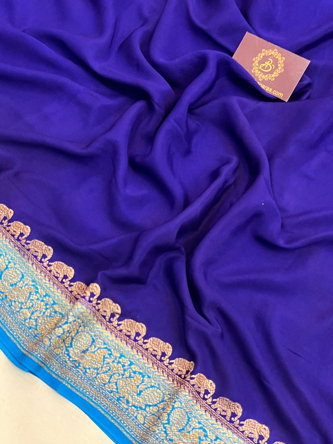 Deep Blue Pure Crepe Silk Handloom Banarasi Saree with Elephant Motifs