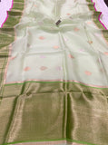 Pista Green Banarasi Handloom Kora Silk Saree - Aura Benaras