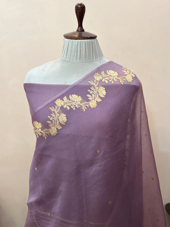 Dusty Lavender Pure Kora Silk Handloom Banarasi Saree