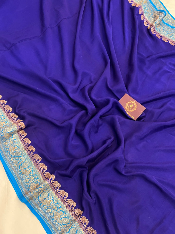 Deep Blue Pure Crepe Silk Handloom Banarasi Saree with Elephant Motifs