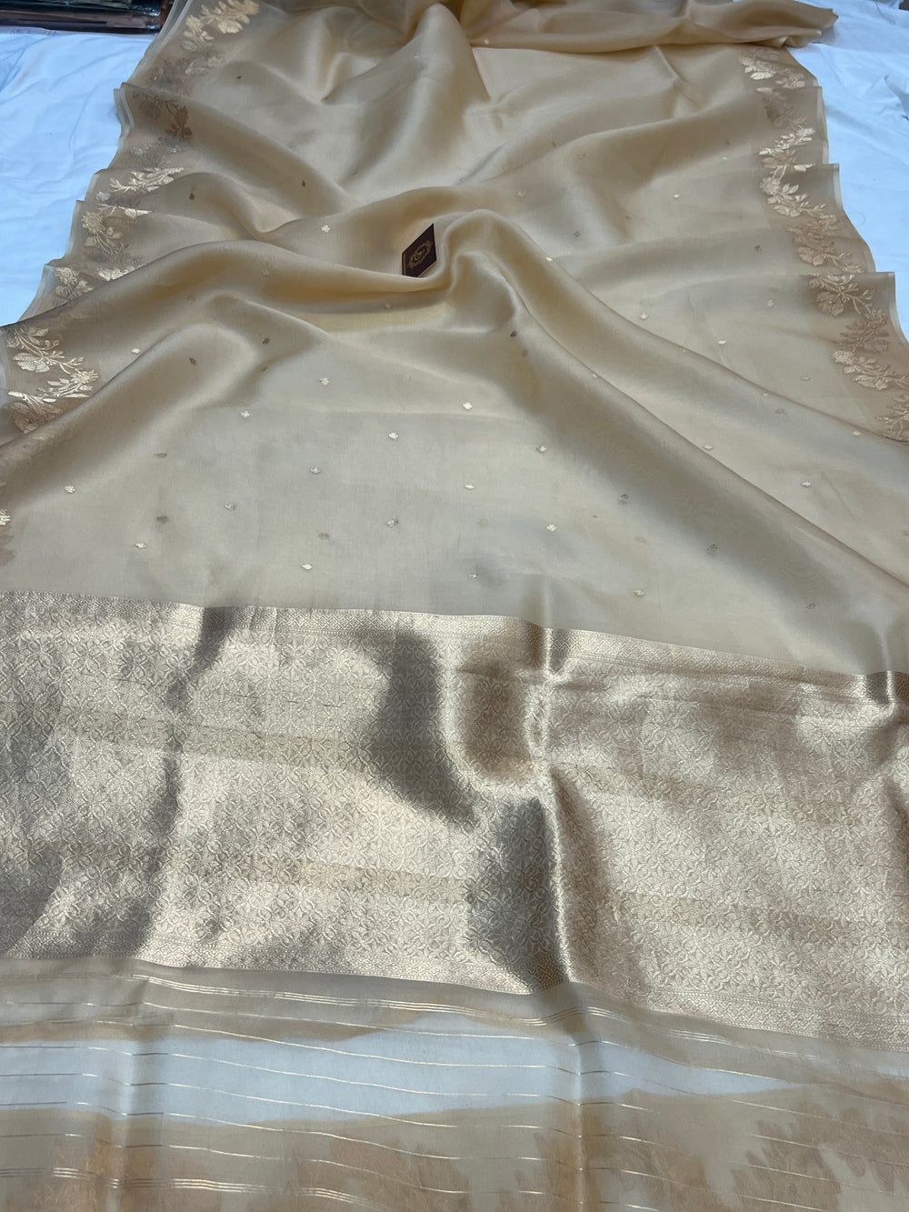 Beige Pure Kora Silk Handloom Banarasi Saree