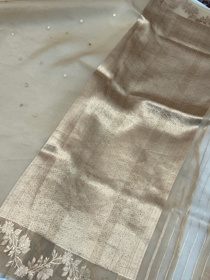 Beige Pure Kora Silk Handloom Banarasi Saree