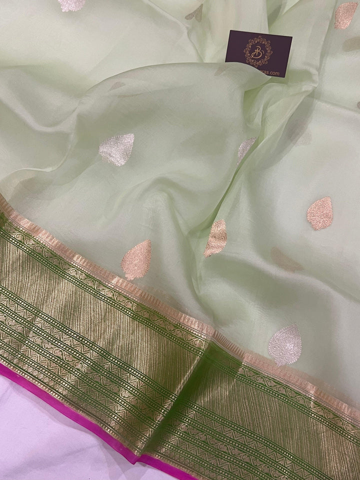 Pista Green Banarasi Handloom Kora Silk Saree - Aura Benaras