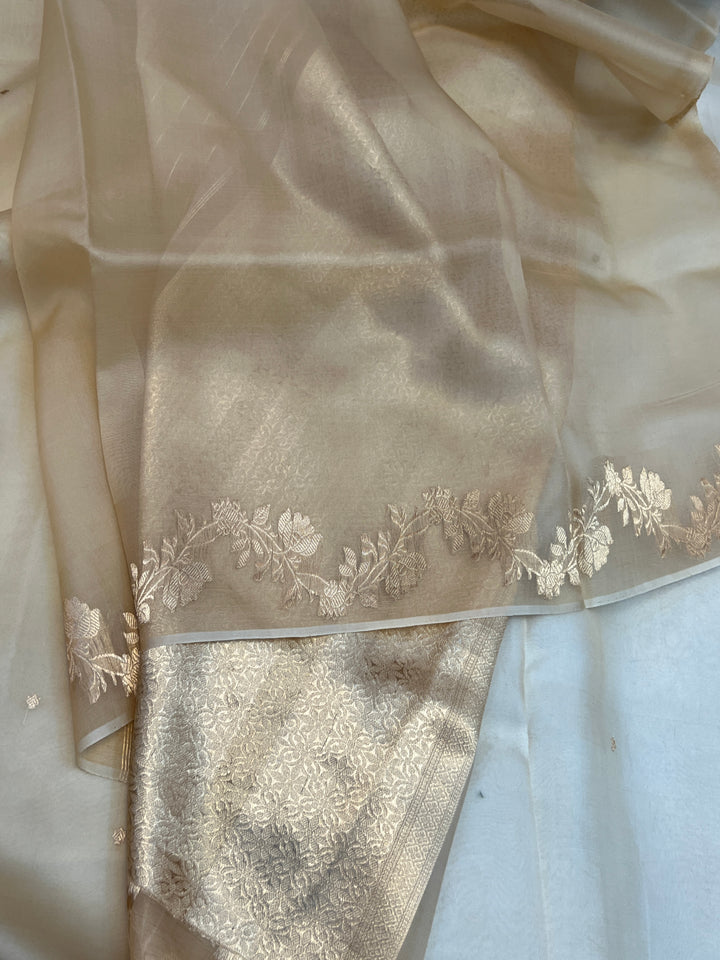 Beige Pure Kora Silk Handloom Banarasi Saree