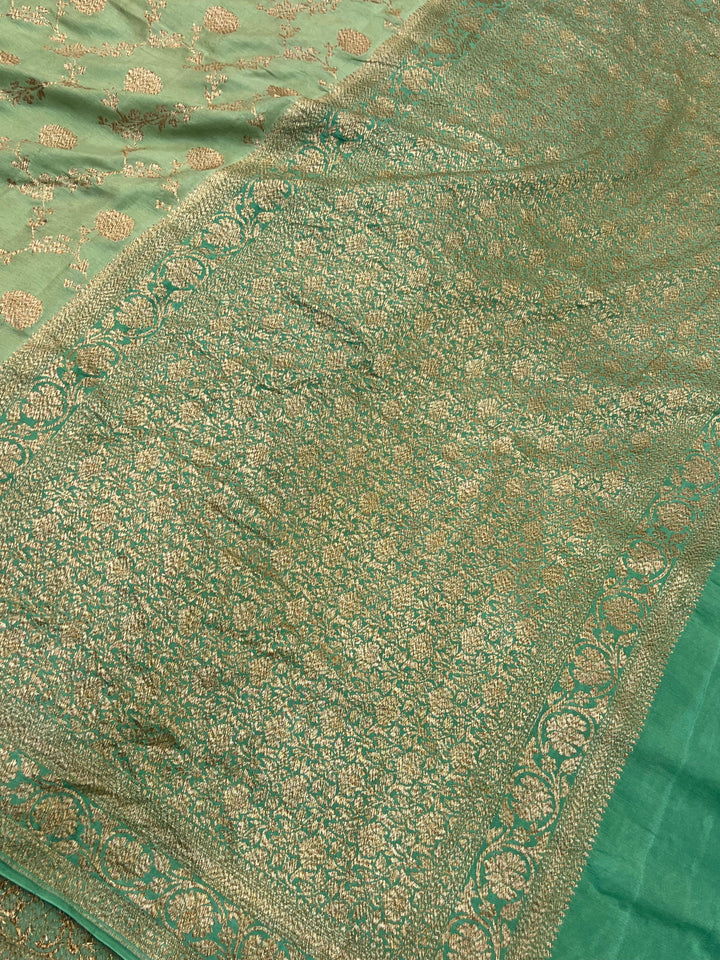 Green Pure Crepe Silk Handloom Banarasi Saree with Floral Jaal