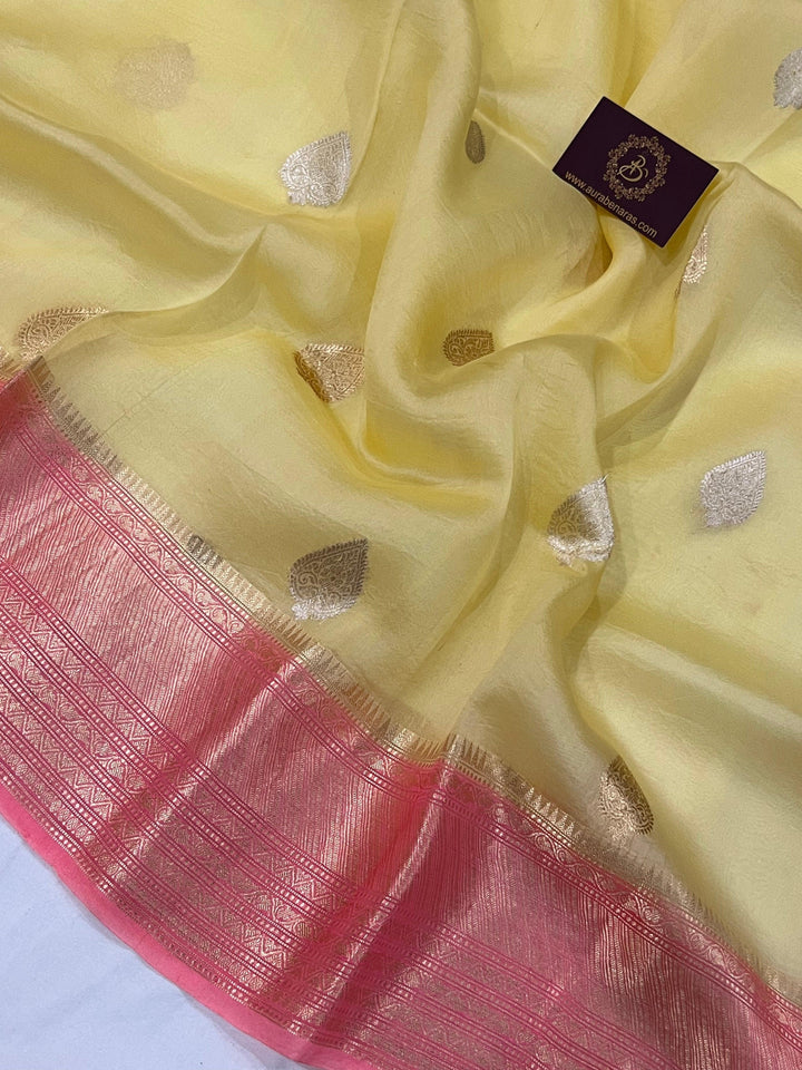 Lemon Yellow Banarasi Handloom Kora Silk Saree - Aura Benaras