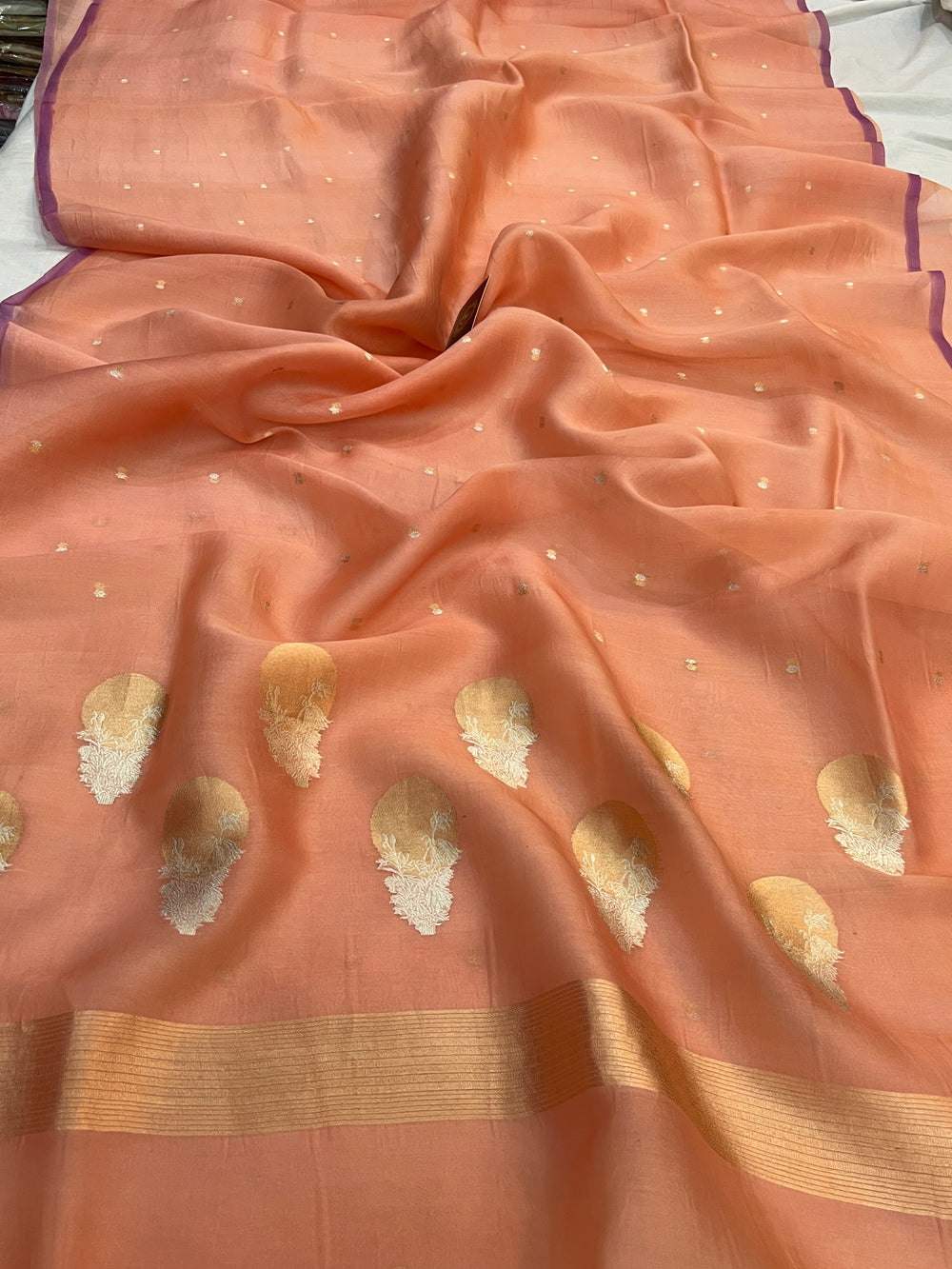 Peach Pure Kora Silk Handloom Banarasi Saree