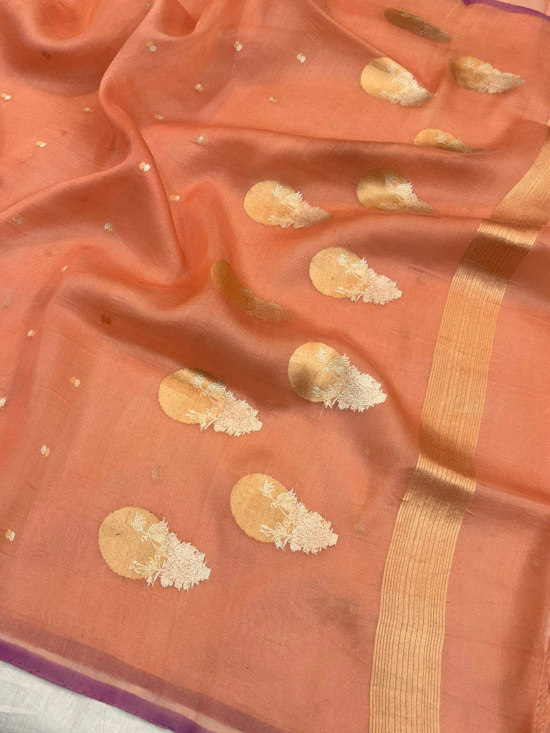 Peach Pure Kora Silk Handloom Banarasi Saree