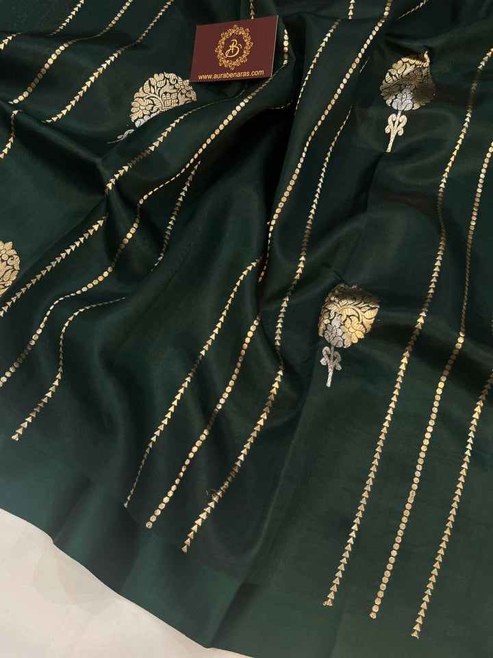 Bottle Green Pure Banarasi Handloom Silk Saree - Aura Benaras