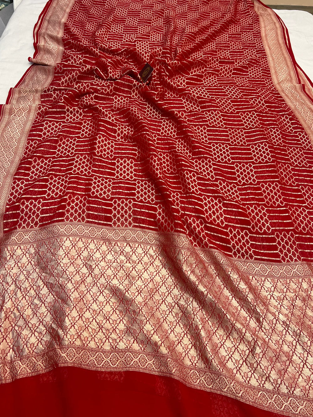 Red Khaddi Georgette Banarasi Saree with Geometric Jaal - AuraBenaras