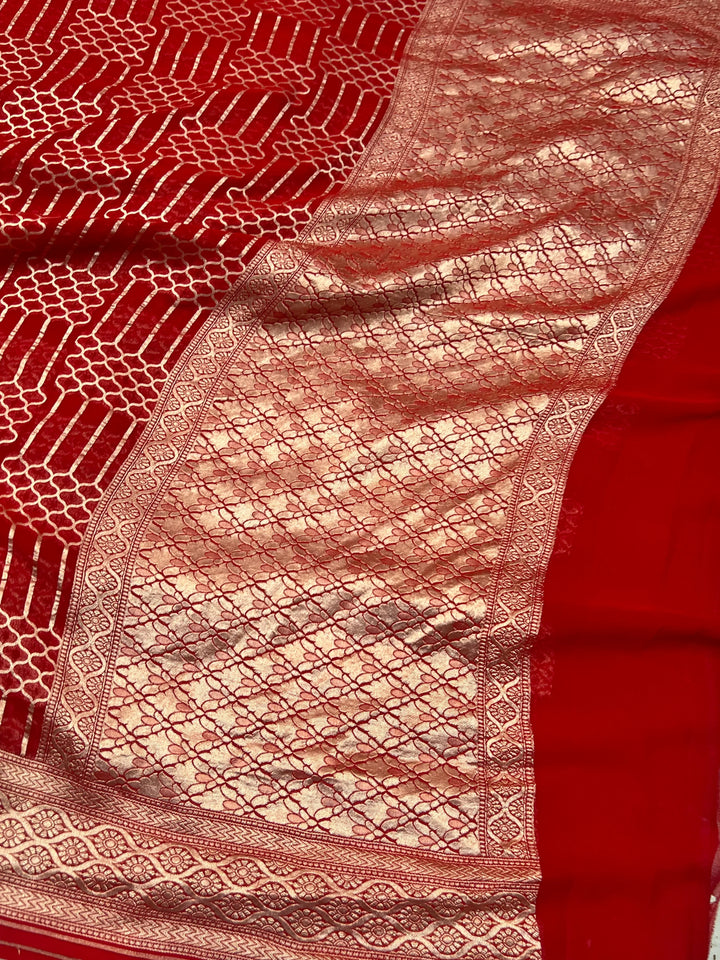 Red Khaddi Georgette Banarasi Saree with Geometric Jaal - AuraBenaras