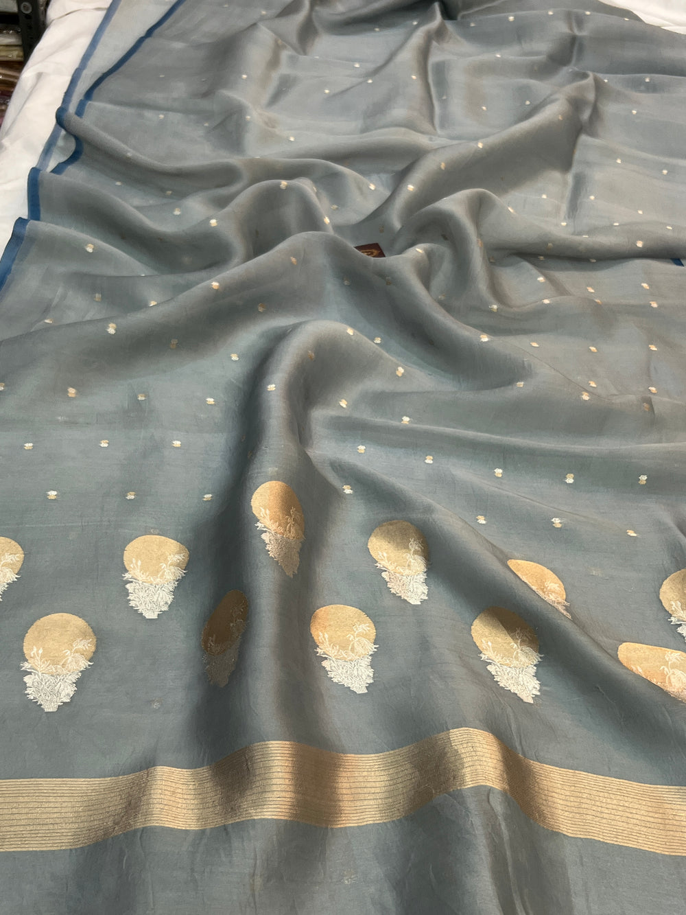 Grey Pure Kora Silk Handloom Banarasi Saree