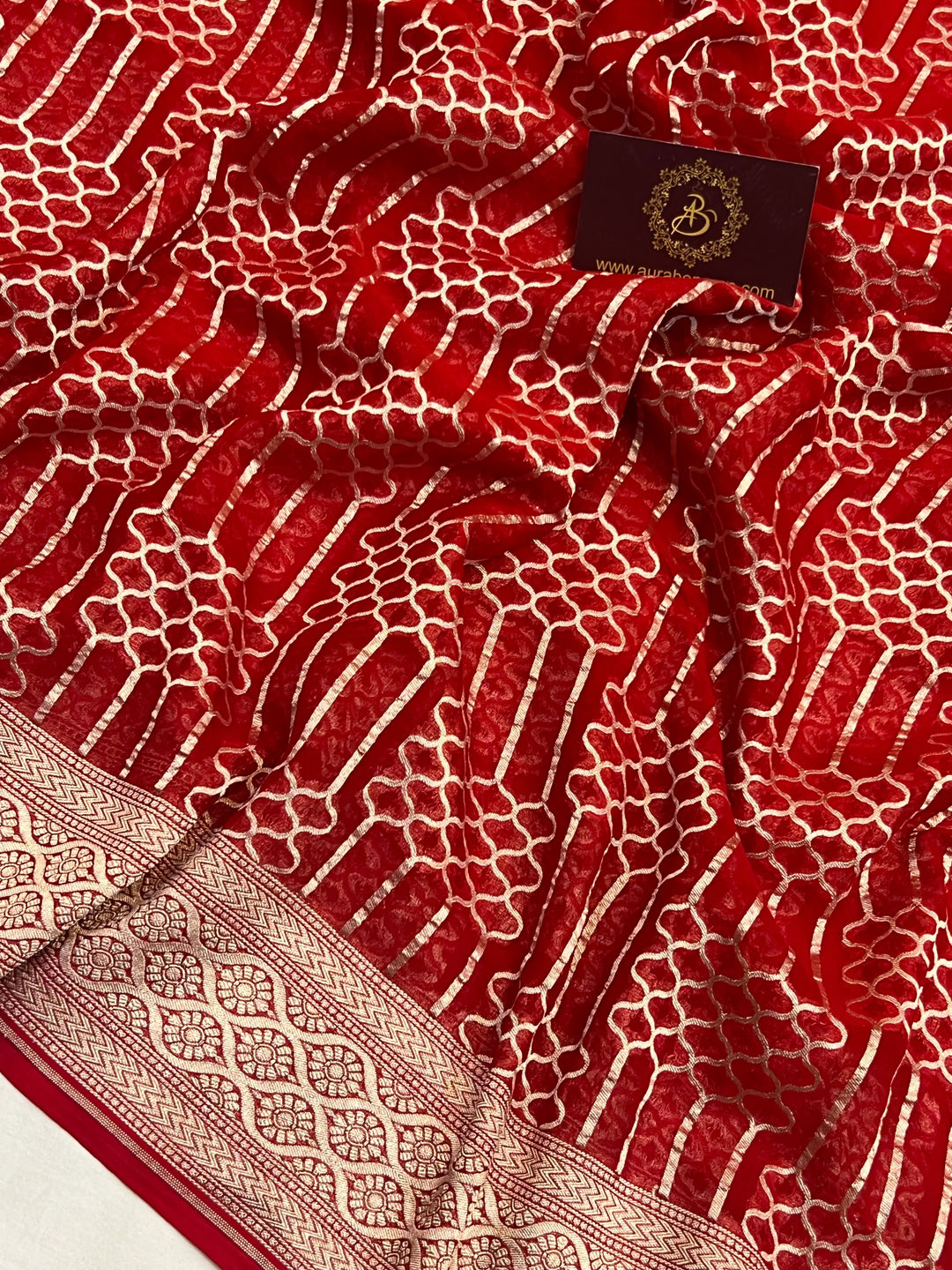 Red Khaddi Georgette Banarasi Saree with Geometric Jaal - AuraBenaras
