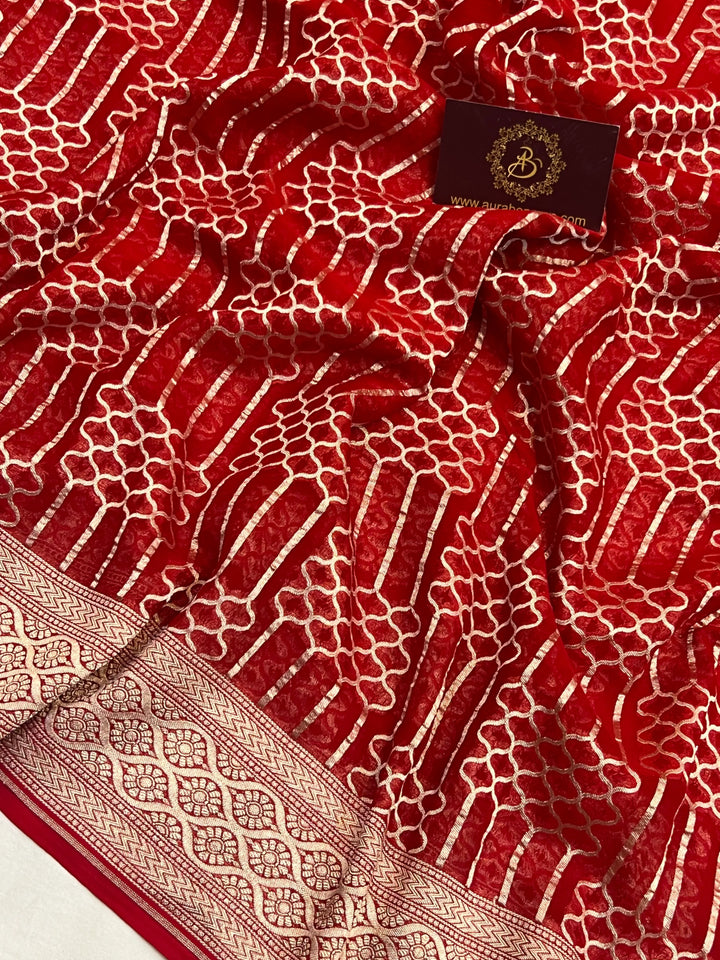 Red Khaddi Georgette Banarasi Saree with Geometric Jaal - AuraBenaras