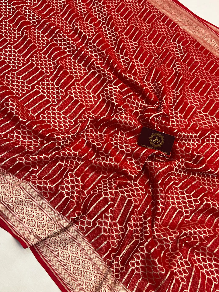 Red Khaddi Georgette Banarasi Saree with Geometric Jaal - AuraBenaras