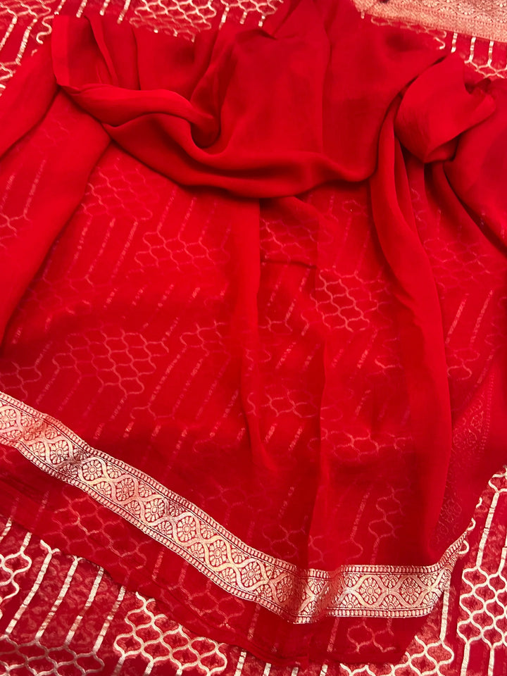 Red Khaddi Georgette Banarasi Saree with Geometric Jaal - AuraBenaras