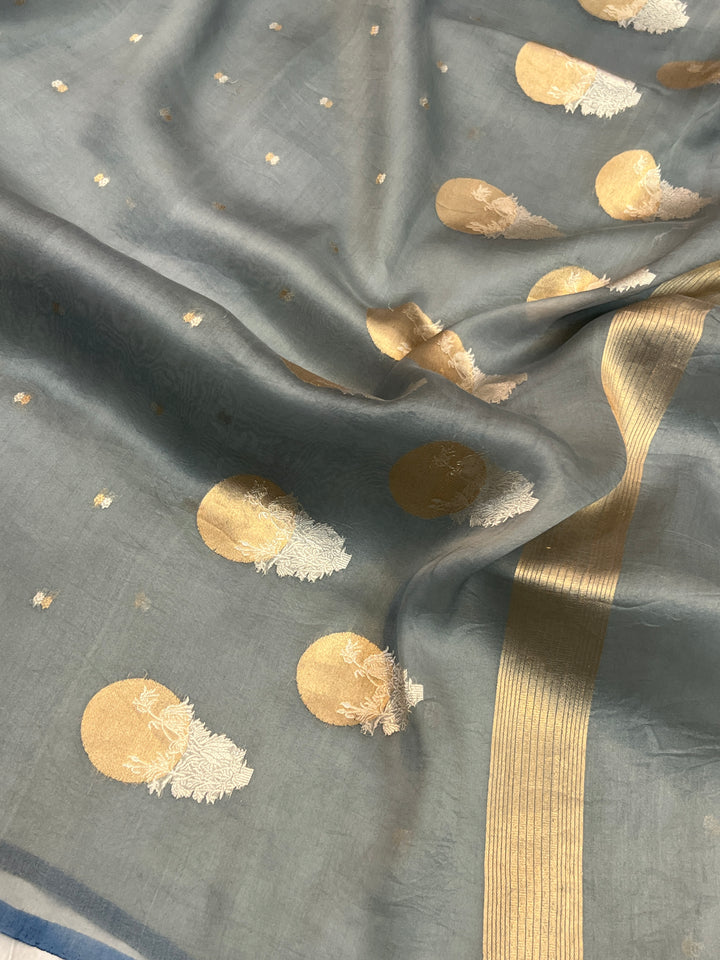 Grey Pure Kora Silk Handloom Banarasi Saree