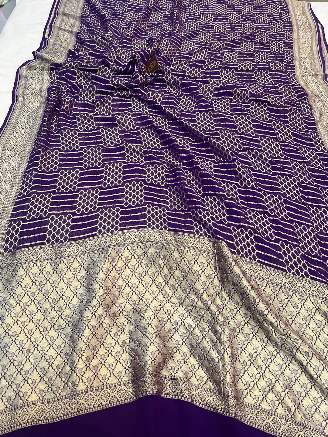 Purple Khaddi Georgette Banarasi Saree with Geometric Jaal - AuraBenaras