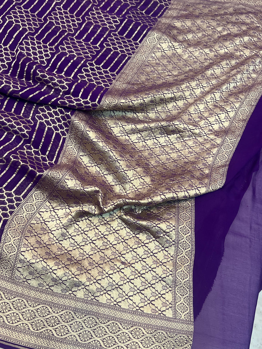 Purple Khaddi Georgette Banarasi Saree with Geometric Jaal - AuraBenaras