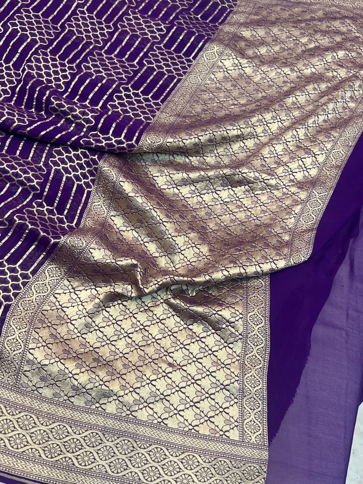 Purple Khaddi Georgette Banarasi Saree with Geometric Jaal - AuraBenaras