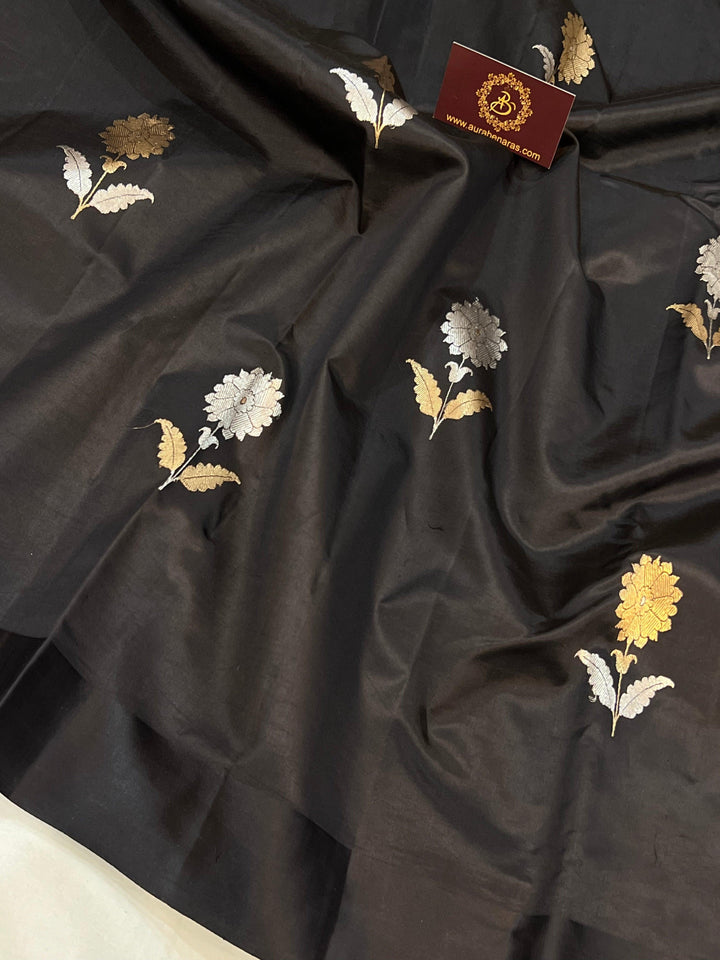 Black Pure Banarasi Handloom Silk Saree - Aura Benaras