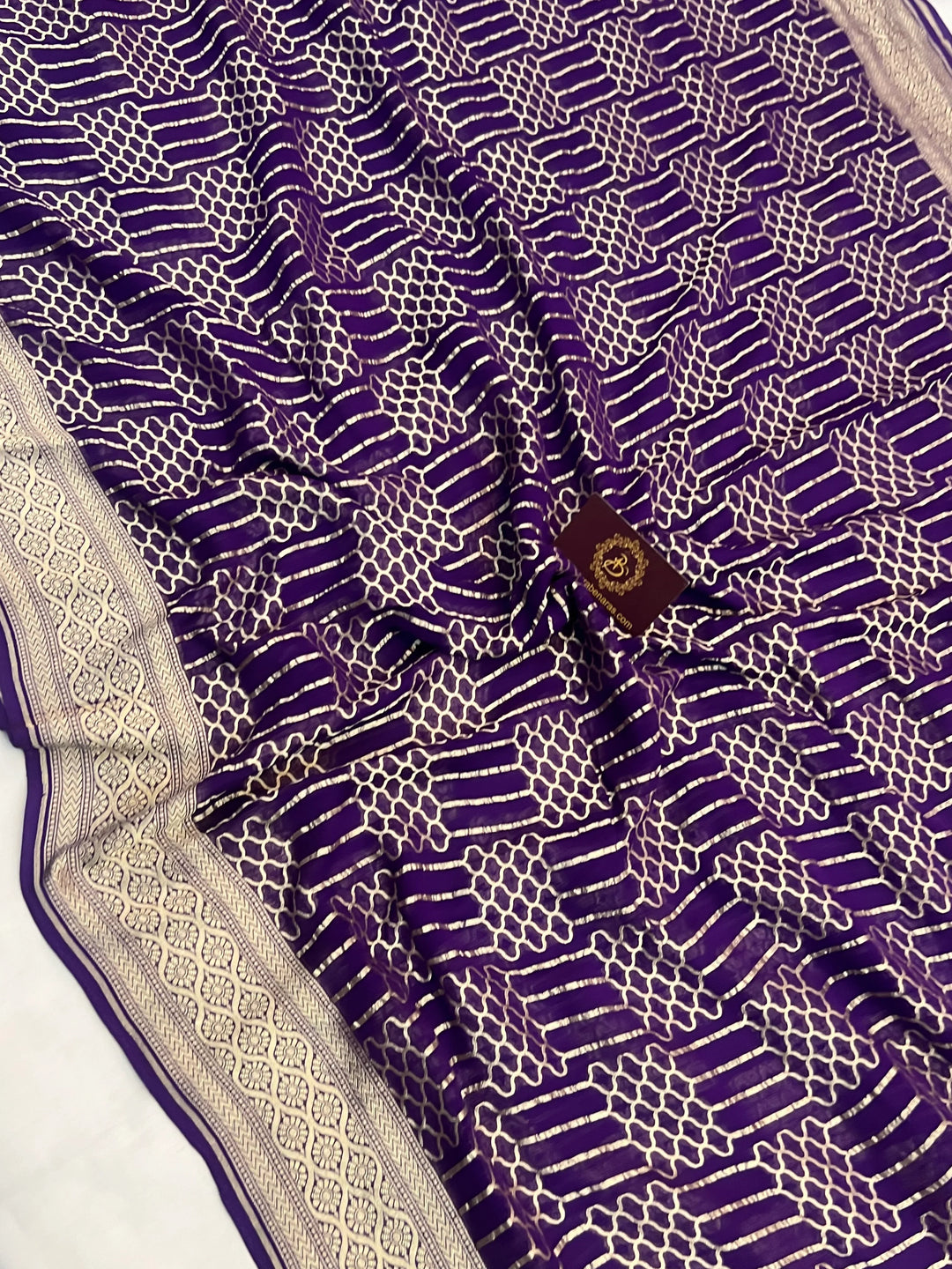 Purple Khaddi Georgette Banarasi Saree with Geometric Jaal - AuraBenaras