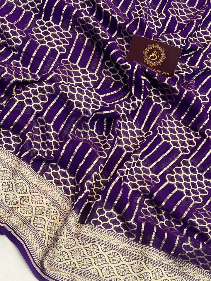 Purple Khaddi Georgette Banarasi Saree with Geometric Jaal - AuraBenaras